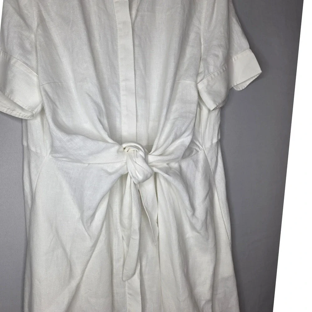 Lauren Ralph Lauren Tie Front Linen Shirtdress White Midi Short Sleeve 16W - Picture 5 of 12